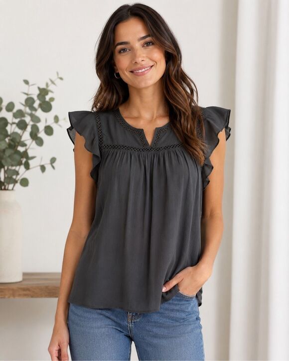 LOFT Tops - LOFT Small Charcoal Gray Ruffle Sleeve Lace Trim Blouse Business Office NEW